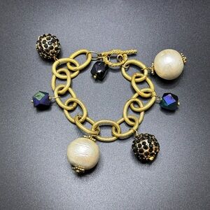 Chunky Gold Charm Bracelet Faux Pearl Pave Crystal Statement Bracelet Boho Glam